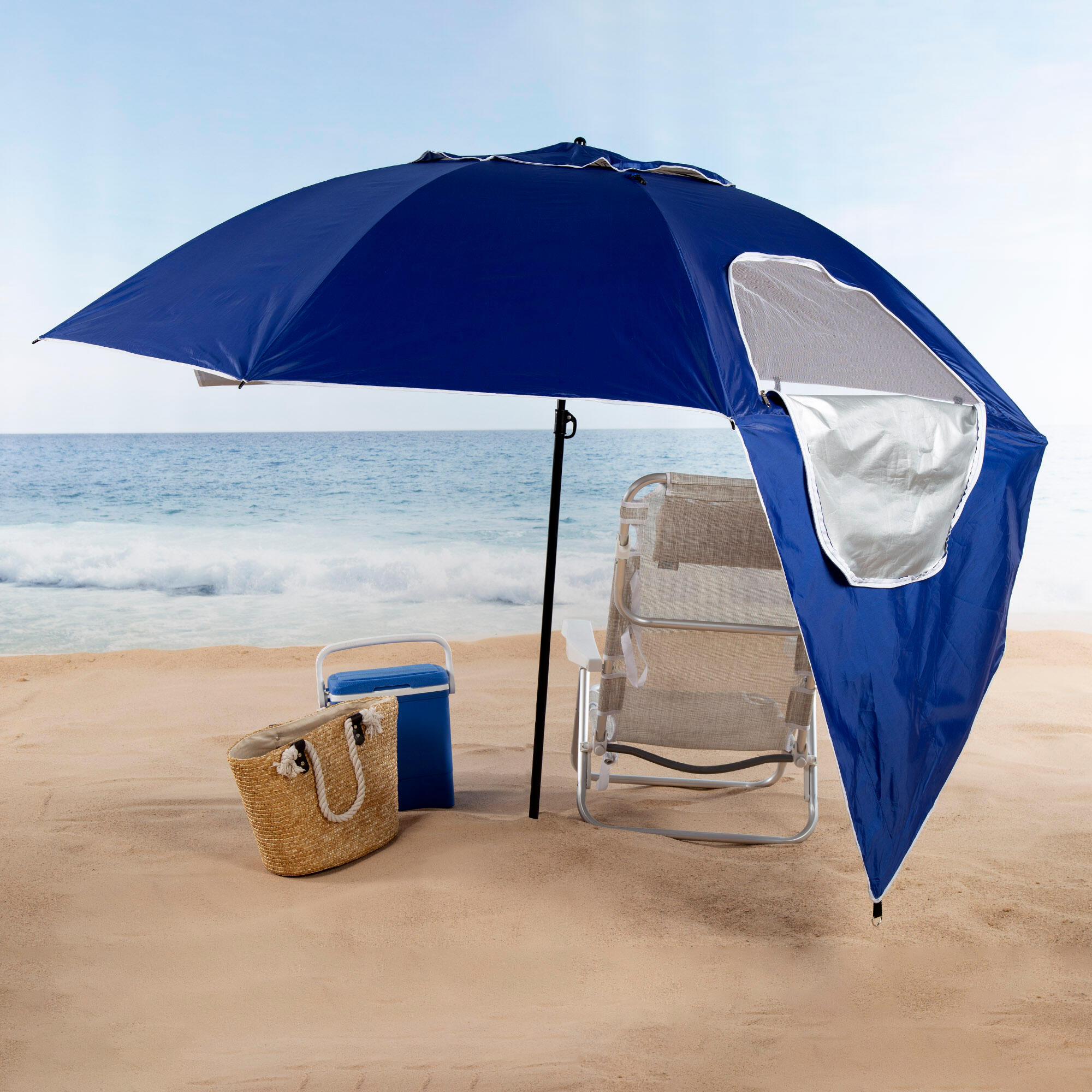 Pack 2 sillas playa a rayas c/cojín y bolsillo + sombrilla 240 cm 2 en 1   azul 4/7