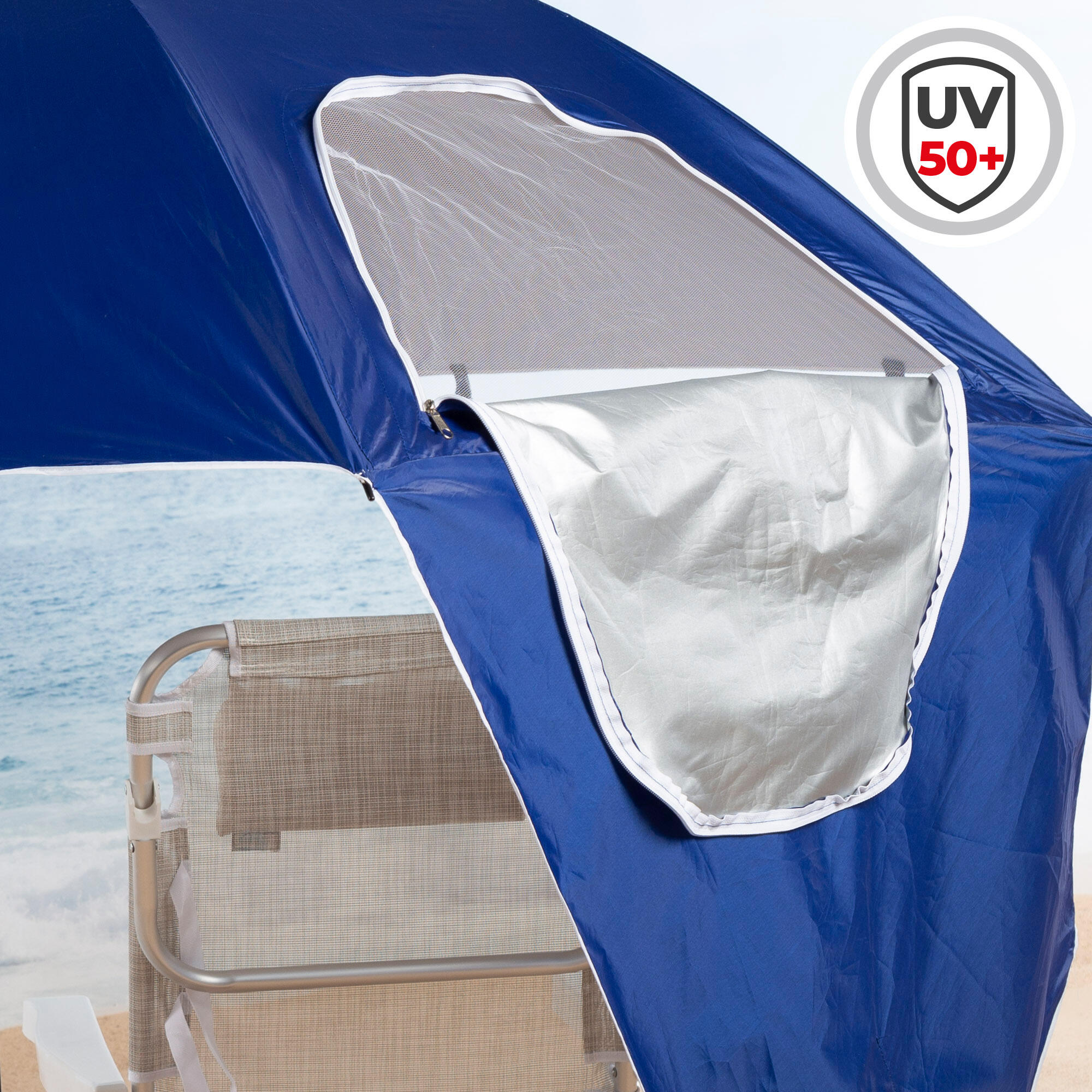 Pack 2 sillas playa a rayas c/cojín y bolsillo + sombrilla 240 cm 2 en 1   azul 5/7
