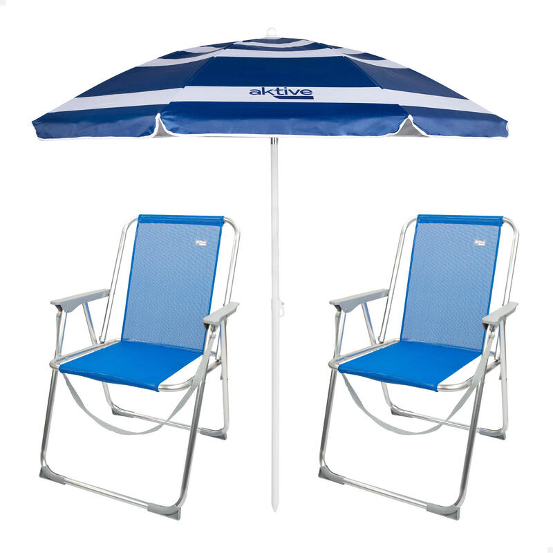 Pack 2 sillas playa plegables fijas antivuelco + sombrilla 180 cm azul oscuro