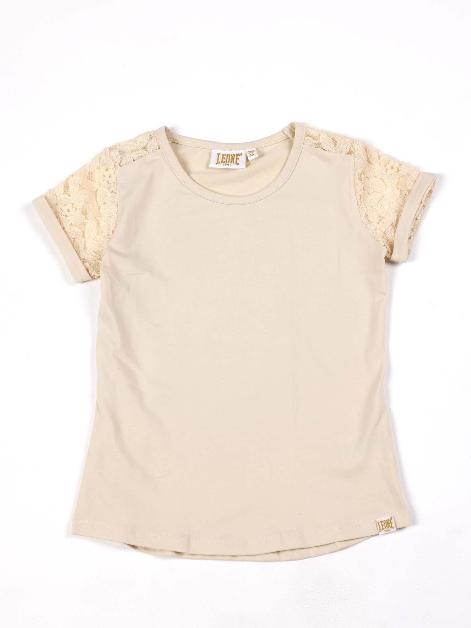 Tricou Leone cu mânecă scurtă din bumbac elastic și dantelă pentru fete