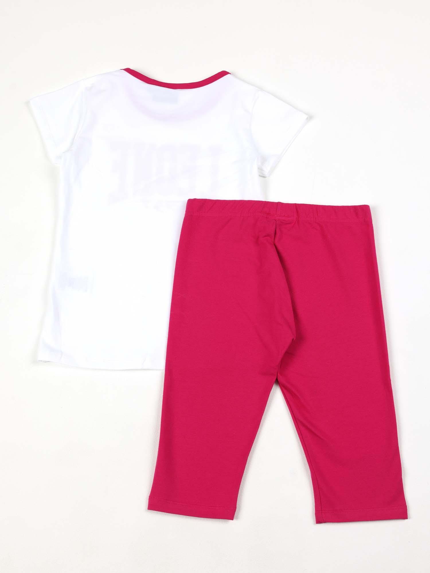 Komplettes Set für Mädchen mit einem mehrfarbigen Leone-T-Shirt und Shorts. 2/4