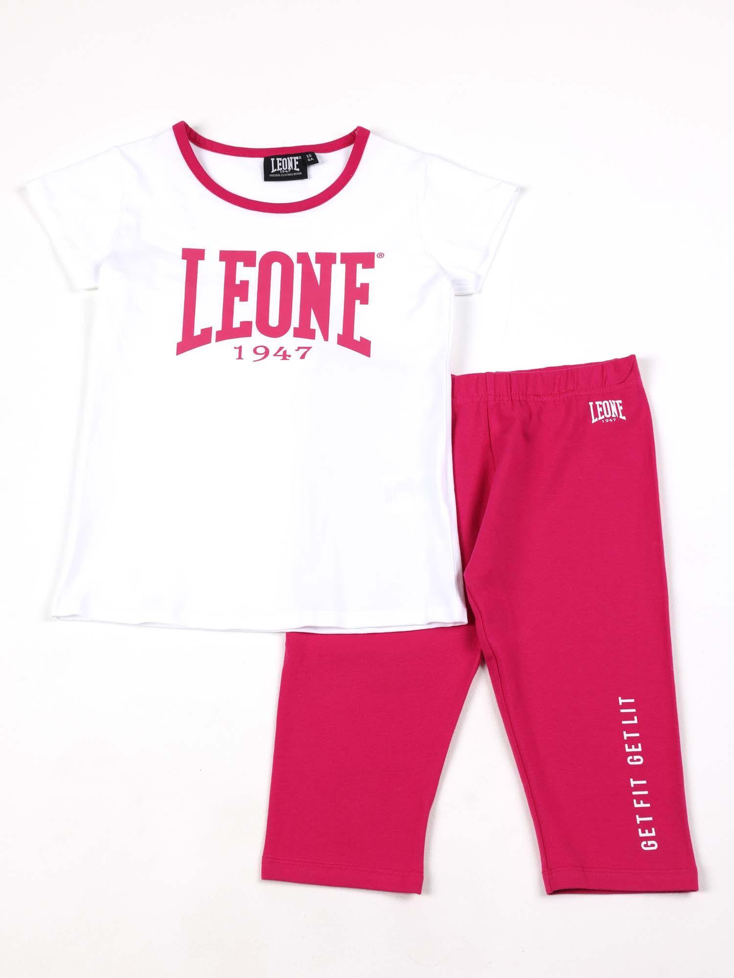 Komplettes Set für Mädchen mit einem mehrfarbigen Leone-T-Shirt und Shorts. 1/4