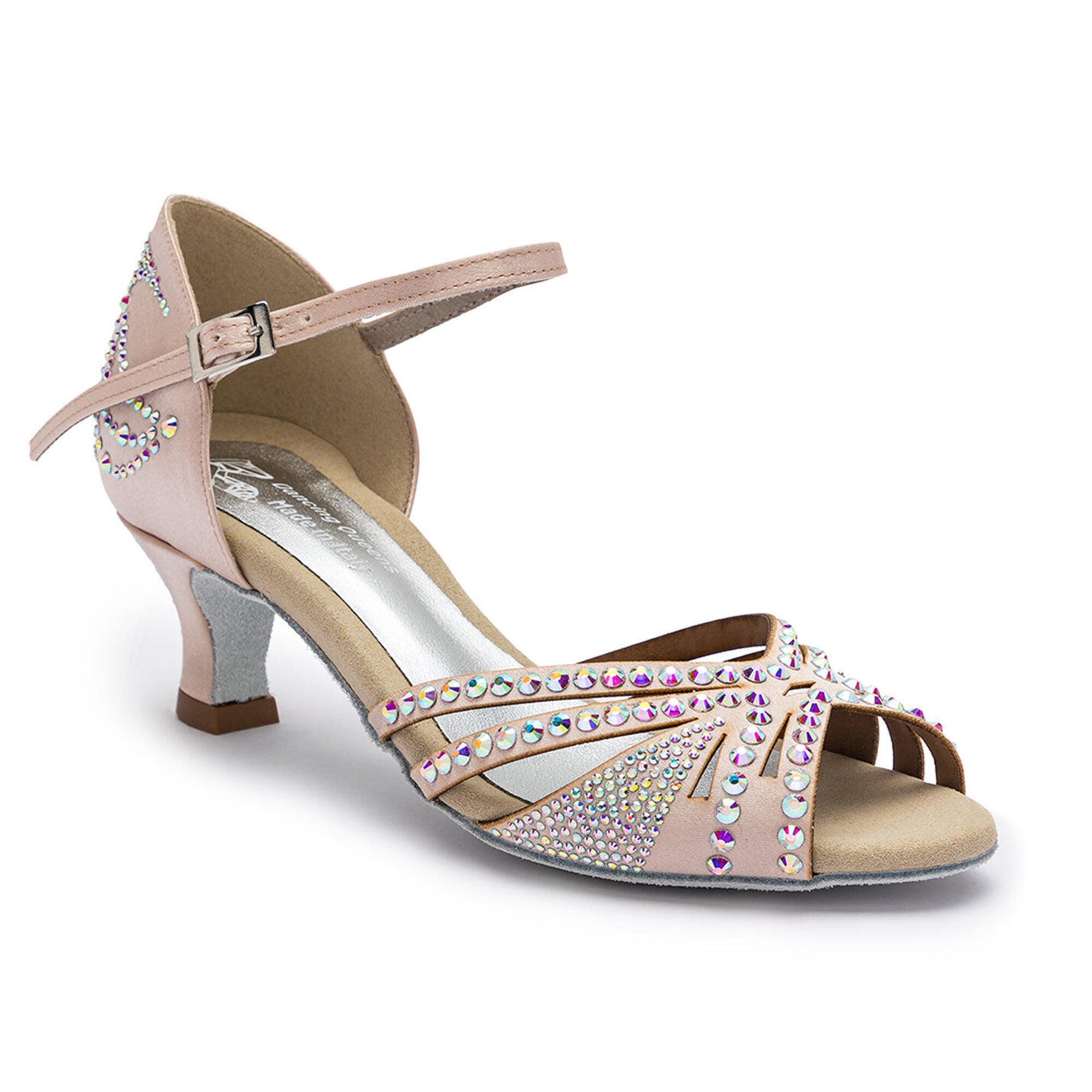 DQ L3M Scarpe da ballo in cipria rosa con strass - 7.0 cm di flare