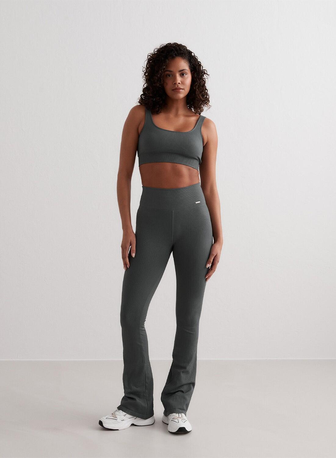 Femme Leggings Évasé Côtelé Sans Couture Vert Sauge 4/6