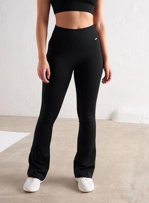 Damen Yoga Leggings mit Schlag Gerippt Nahtlos Schwarz