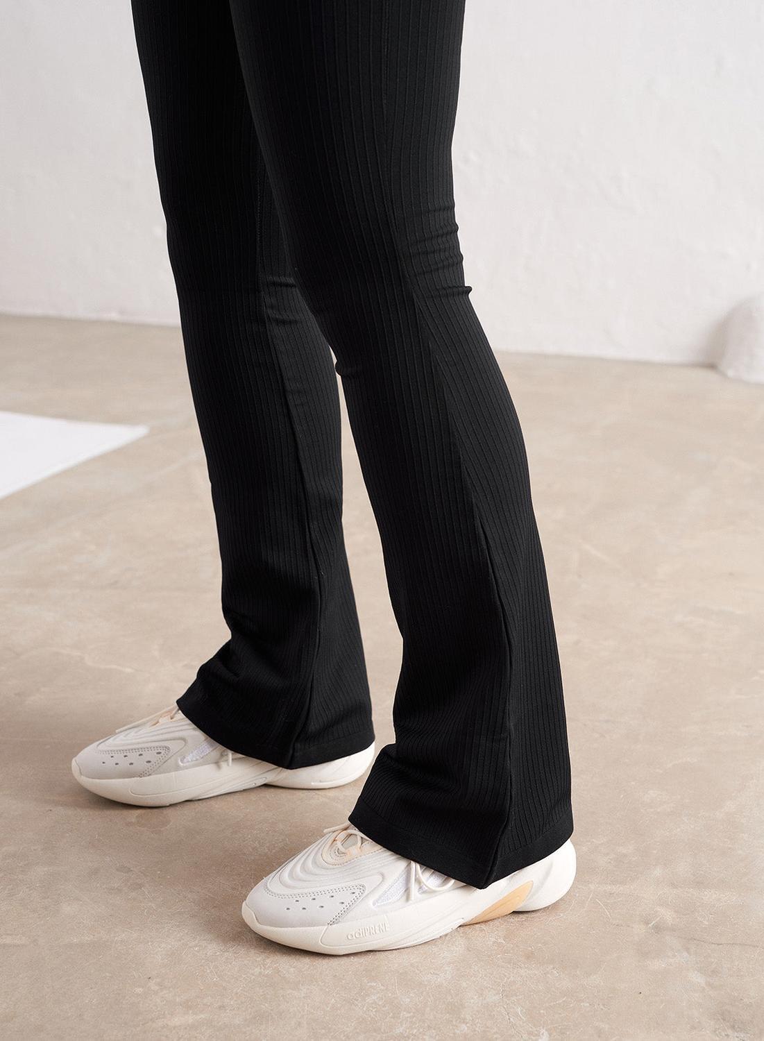Femme Leggings Évasé Côtelé Sans Couture Noir 3/7