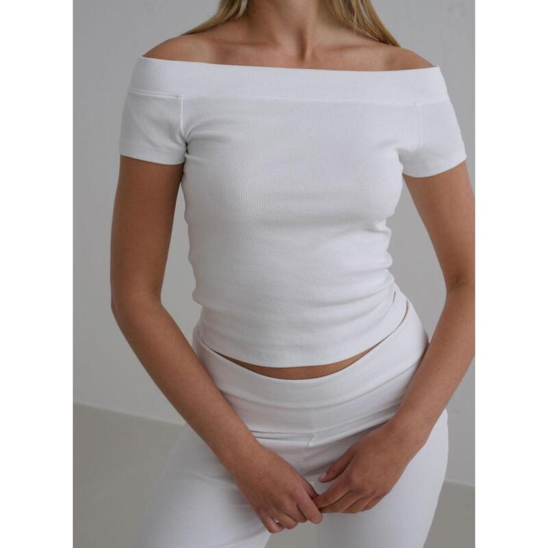 T-shirt Ease Côtelé Épaules Dénudées Yoga Femmes Blanc aim'n