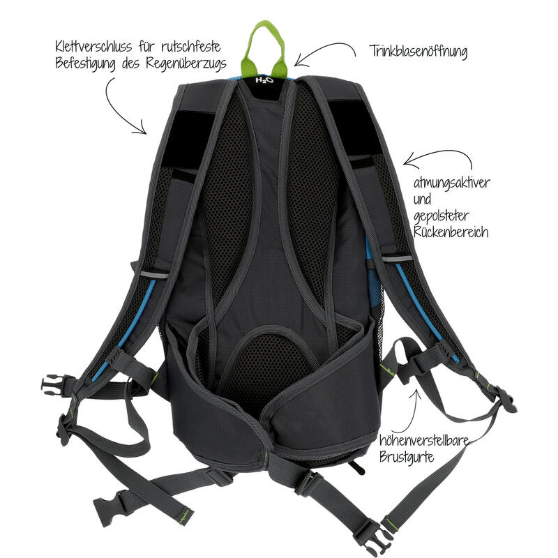 Rucsac bicicleta cu plasa pentru casca, sistem hidratare, husa ploaie, verde gri