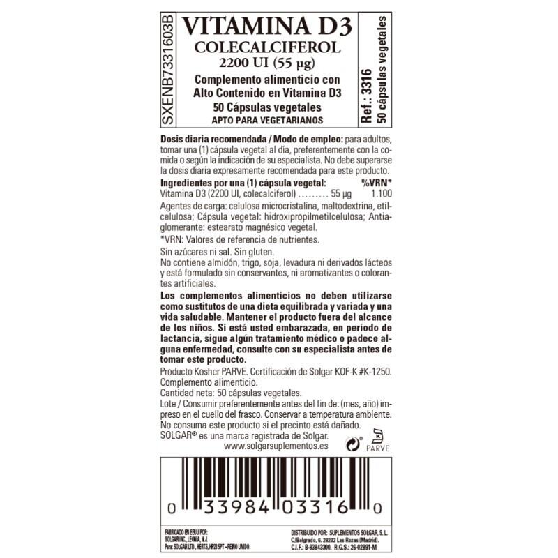 SOLGAR Vitamina D3 2200 UI (55 ?g) (Colecalciferol) 50 Cápsulas Vegetales