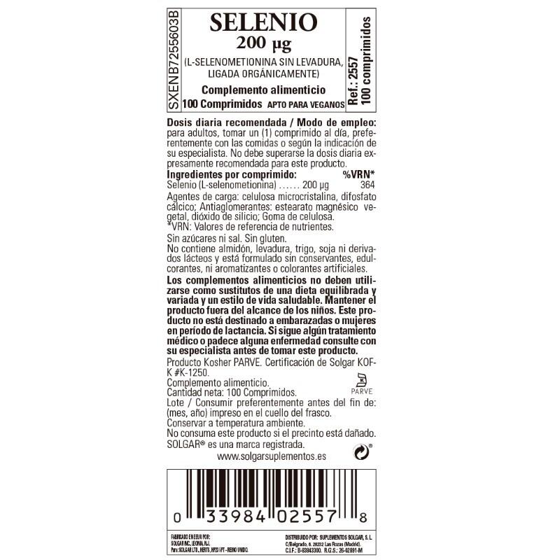 SOLGAR Selenio 200mcg (Sin Levadura) 100 comprimidos