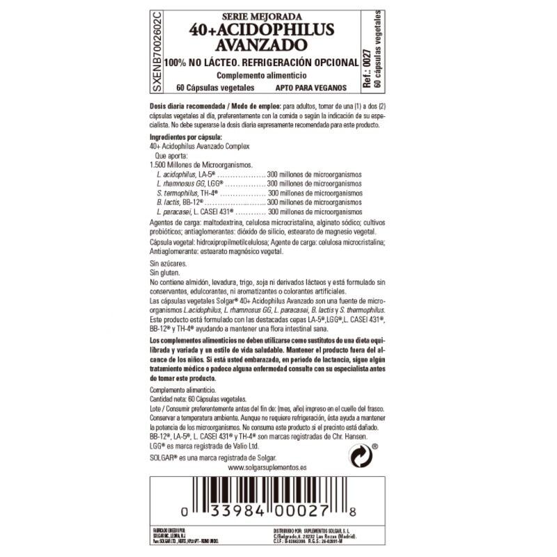 SOLGAR 40+ Acidophilus Avanzado Probiótico 120 Cápsulas Vegetales