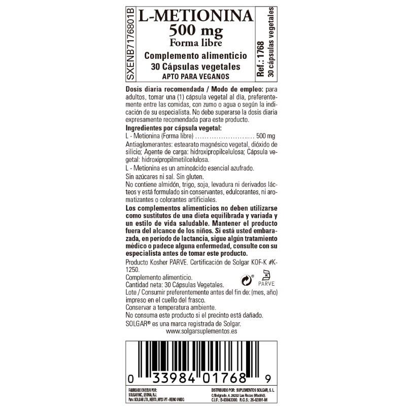 SOLGAR L-Metionina 500mg (30 Cápsulas Vegetales)