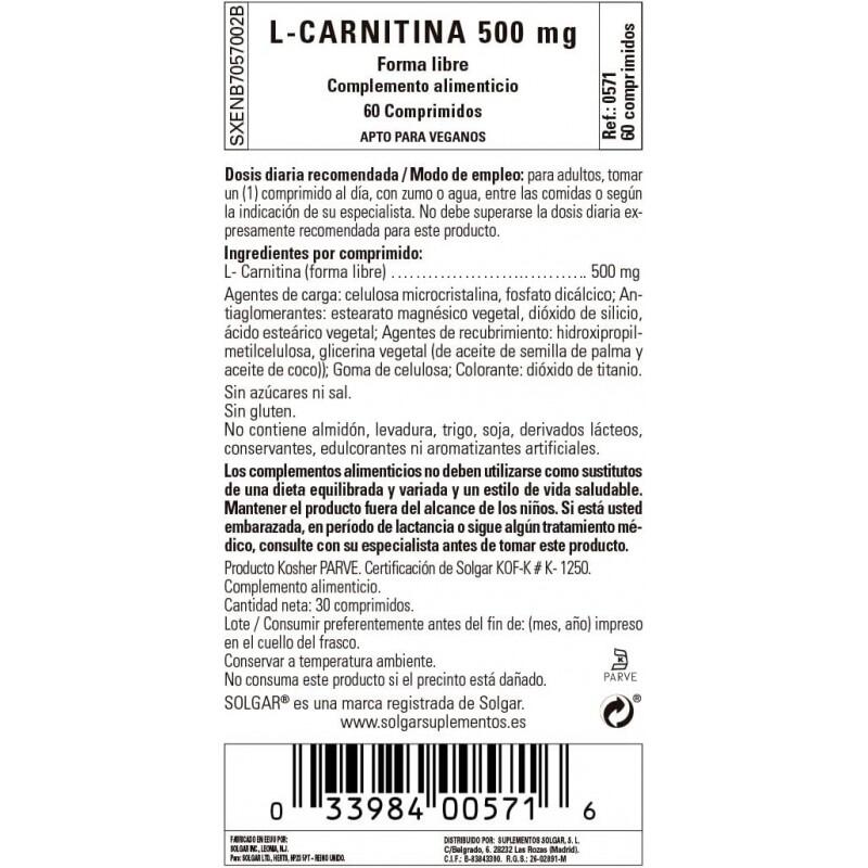 Solgar L-Carnitina 500 Mg 60 Comprimidos