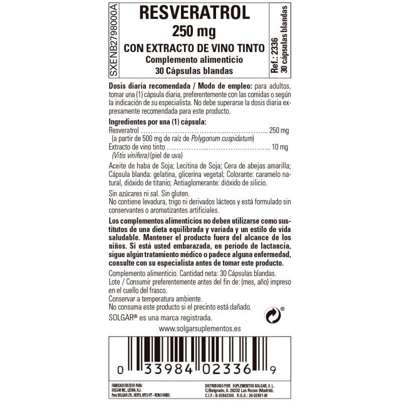 SOLGAR Resveratrol 250mg con Extracto de Vino Tinto 30 Cápsulas Blandas