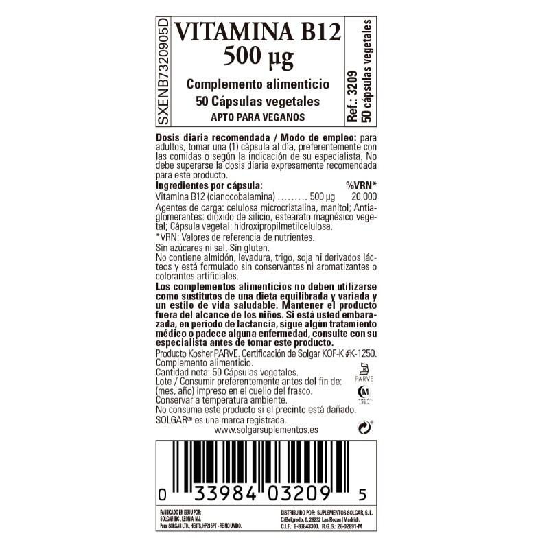 SOLGAR Vitamina B12 500?g (Cianocobalamina) 50 cápsulas vegetales