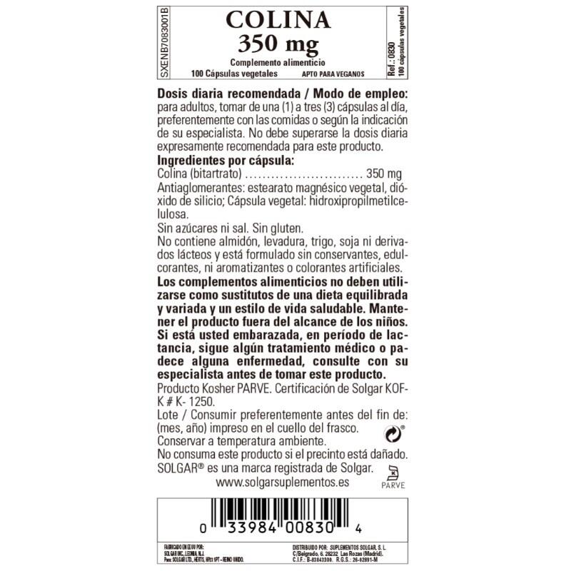 SOLGAR Colina 350mg (100 Cápsulas Vegetales)