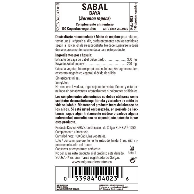 SOLGAR Sabal Extracto de Baya Saw Palmetto (Serenoa Repens) 100 Cáp. Vegetales