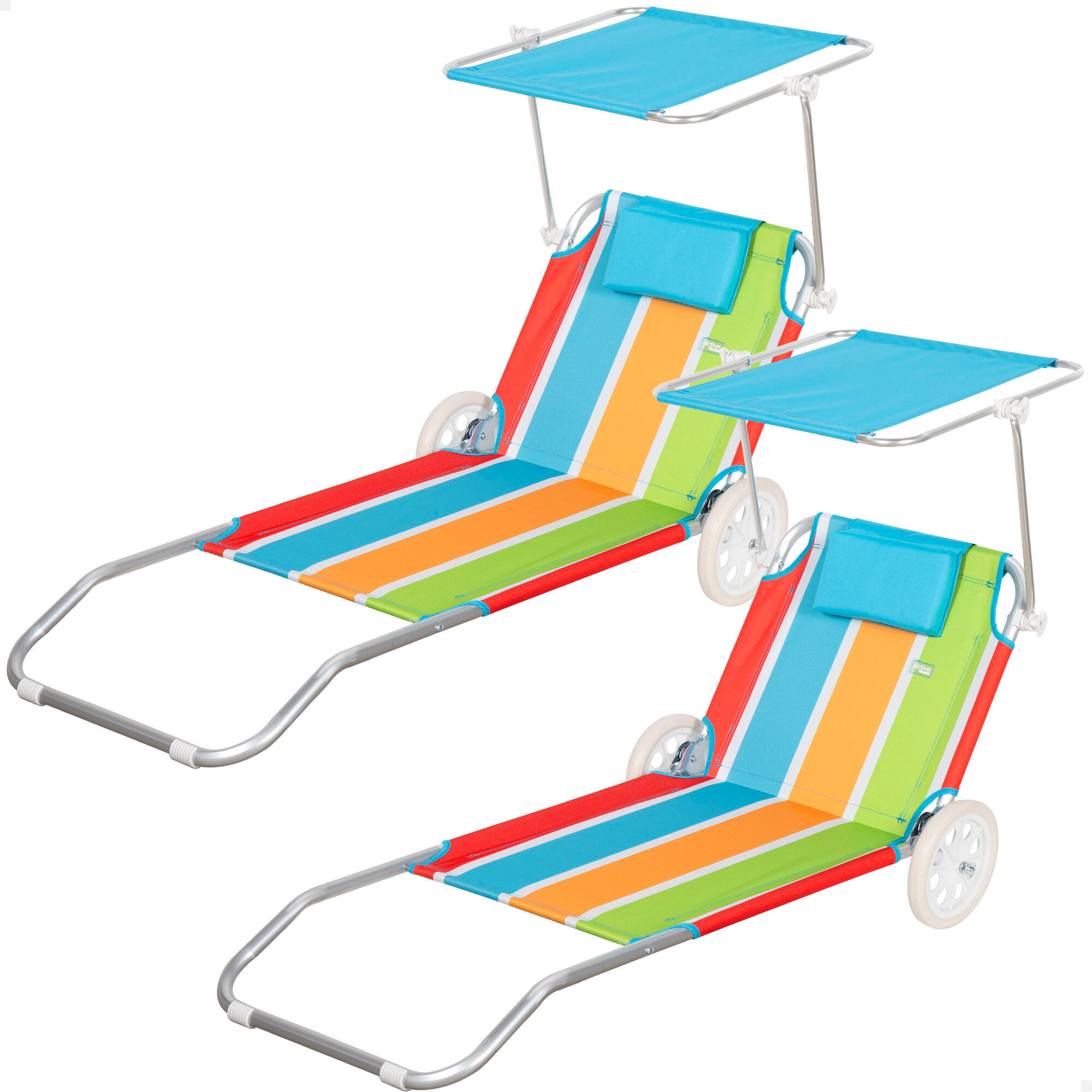 Pack de 2 espreguiçadeiras de praia 2 em 1 c/almofada e guarda-sol aktive