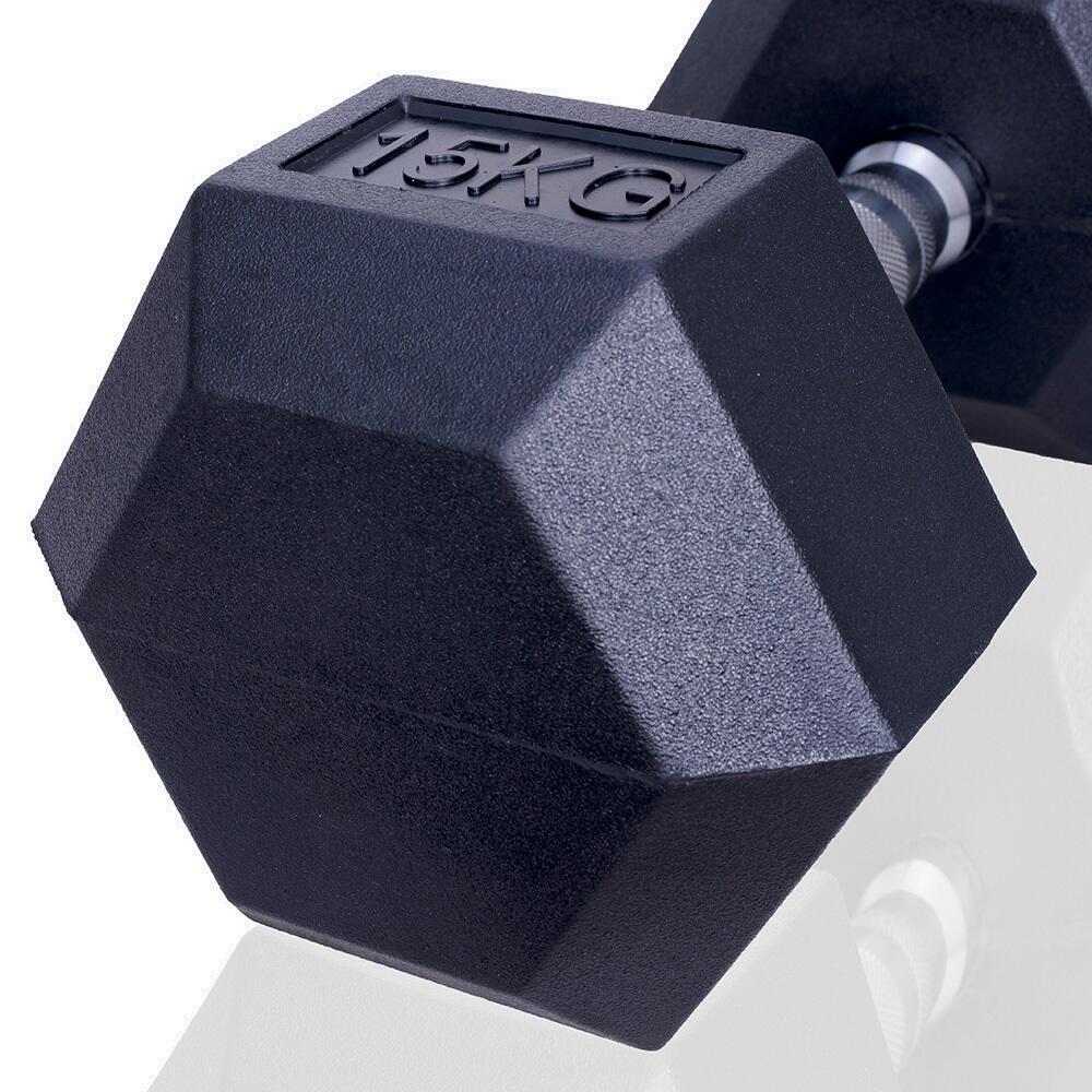 Mancuerna hexagonal de 15 kg, negra, de goma. 7/7