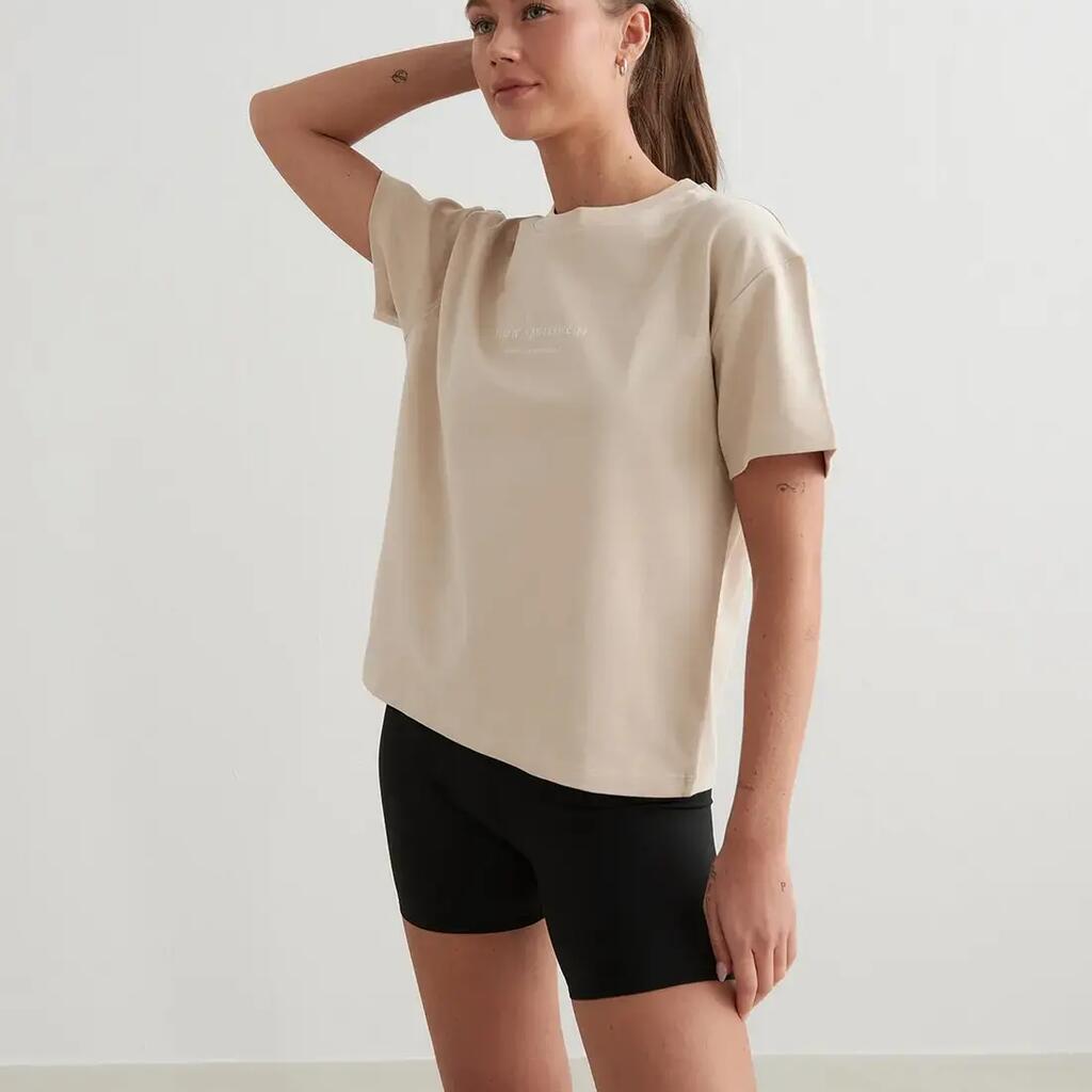 Women's T-shirt Boxy Fit Cotton Ribbed Crewneck Front Print Serif Light Brown