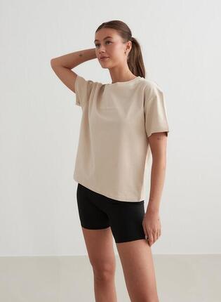 Damen T-Shirt Kastig Baumwolle Gerippt Rundhals Frontdruck Serif Salbeigrün