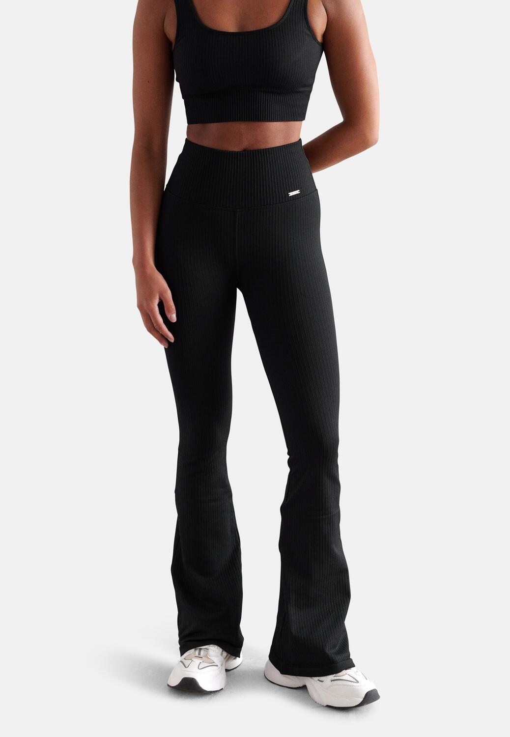 Mallas yoga Mujeres petite acampanadas acanaladas sin costuras negras 7/7