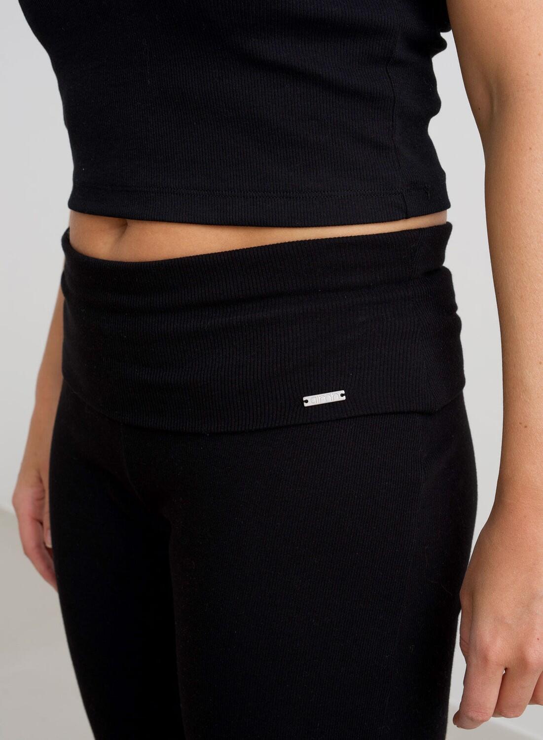 Dames Yoga Broek Petite Geribbelde Lichtgewicht Zwart 3/4