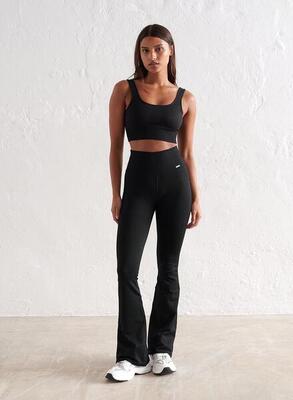 Damen Yoga Leggings Petite mit Schlag Gerippt Nahtlos Schwarz