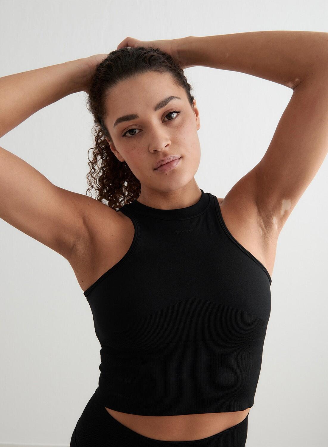 AIM'N Damen Yoga Sportliches Oberteil Racerfront Nahtlos Schwarz