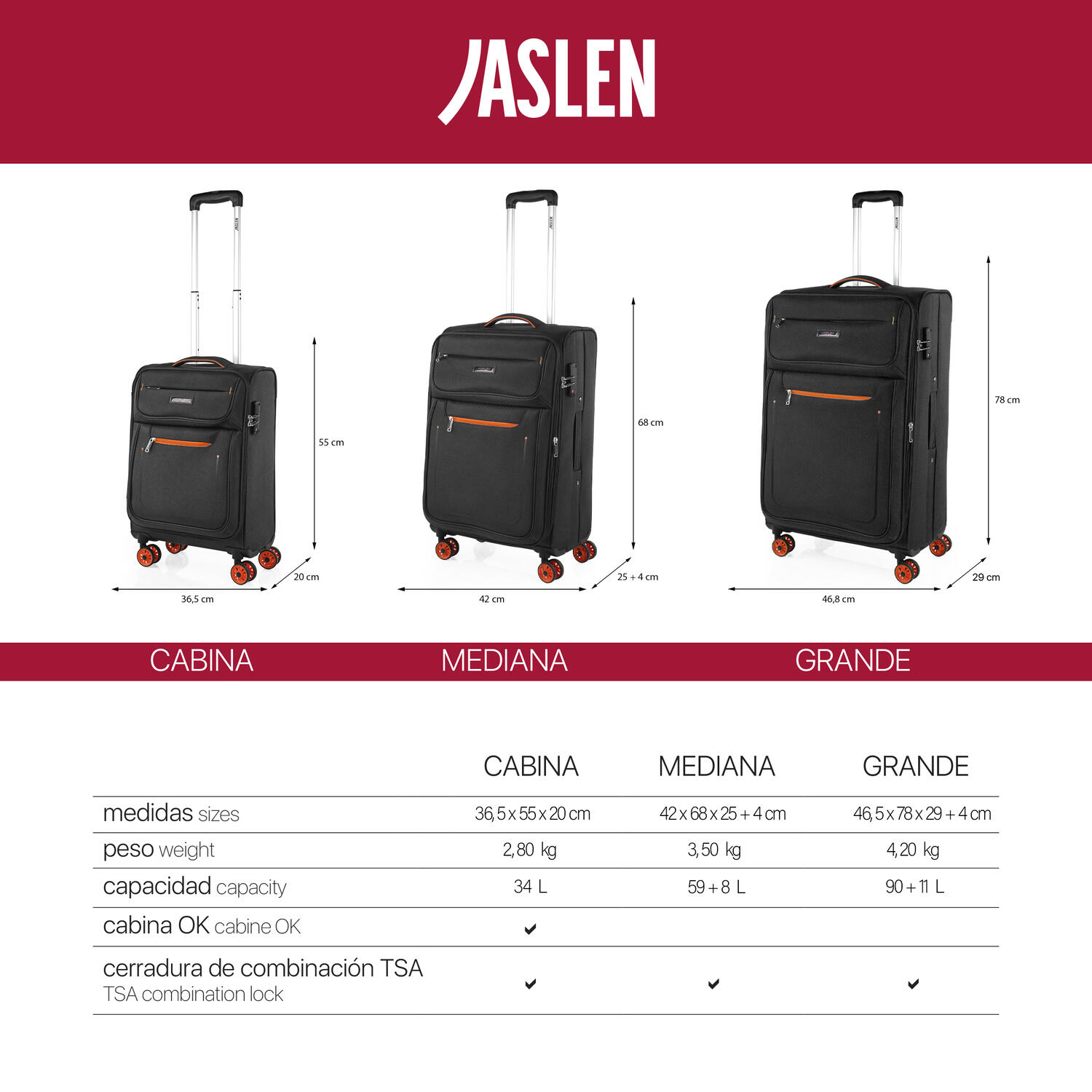Juego De Maletas Semi-Rígidas Eva 90L Jaslen Colchester 46,5X78x29cm 7/7