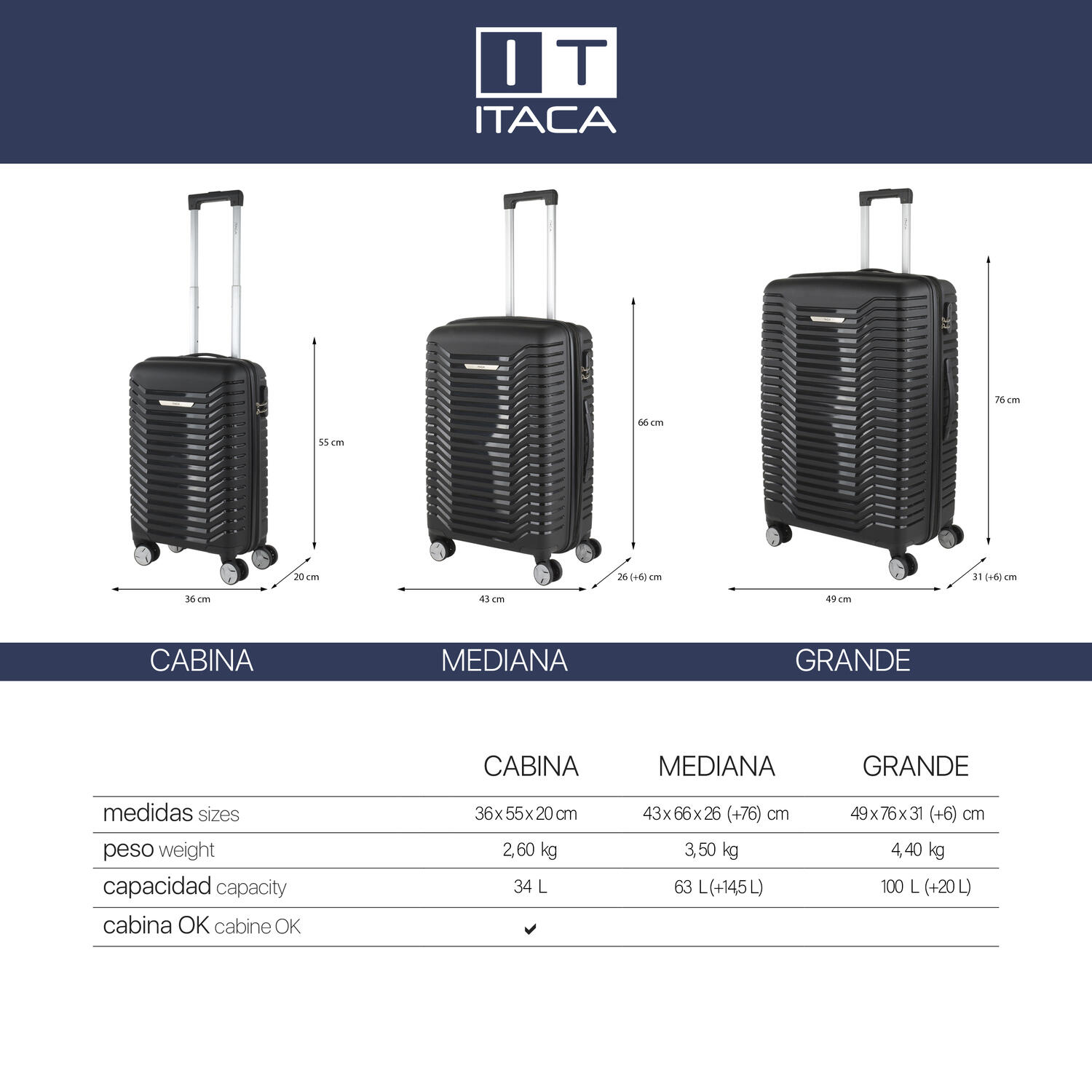 Maleta Cabina Polipropileno Pequeña 36L  Itaca Glasgow 36X55x20cm 6/7