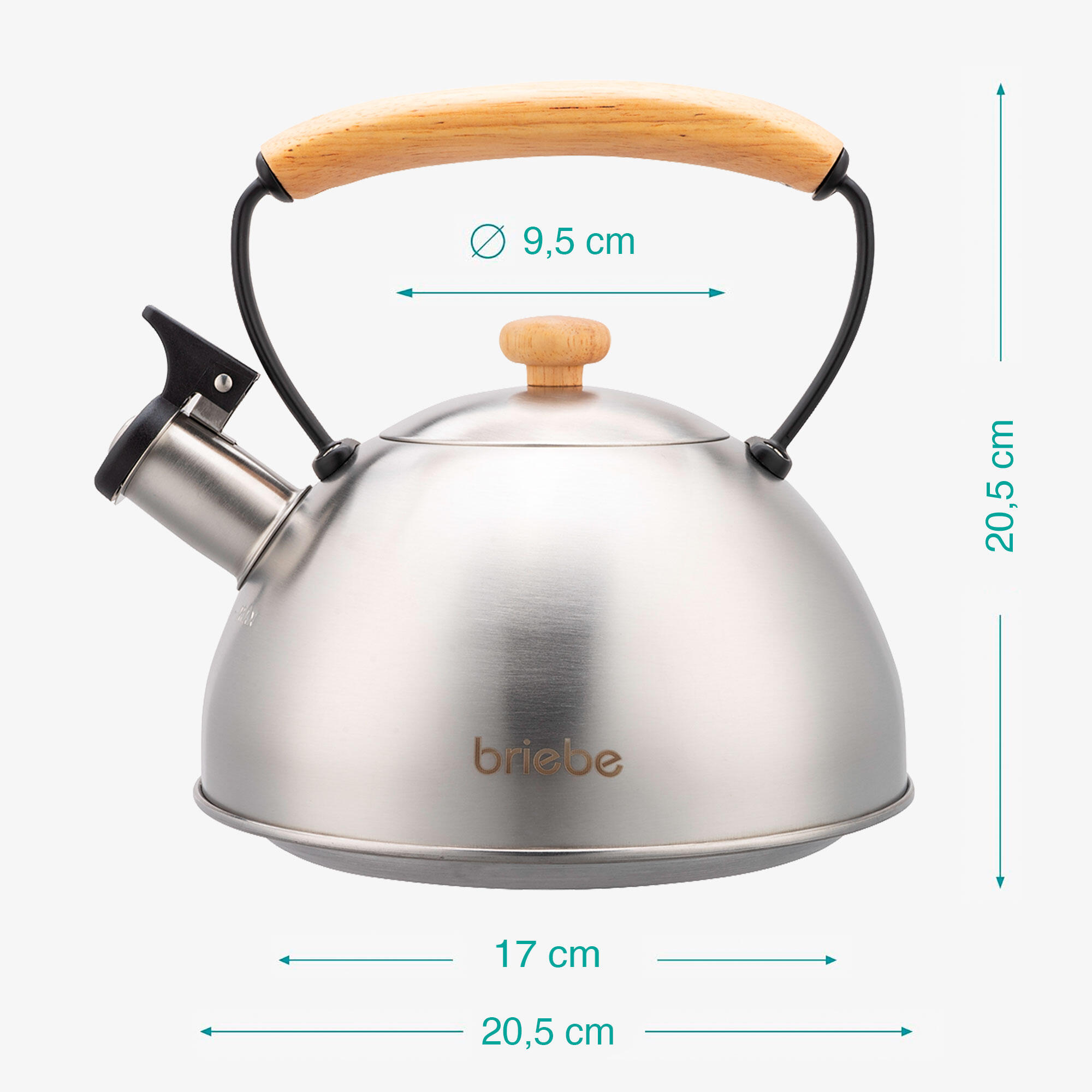 Bouilloire en Acier Inoxydable 2,3 Litres, Théière à Sifflet Poignée Bois briebe 4/8