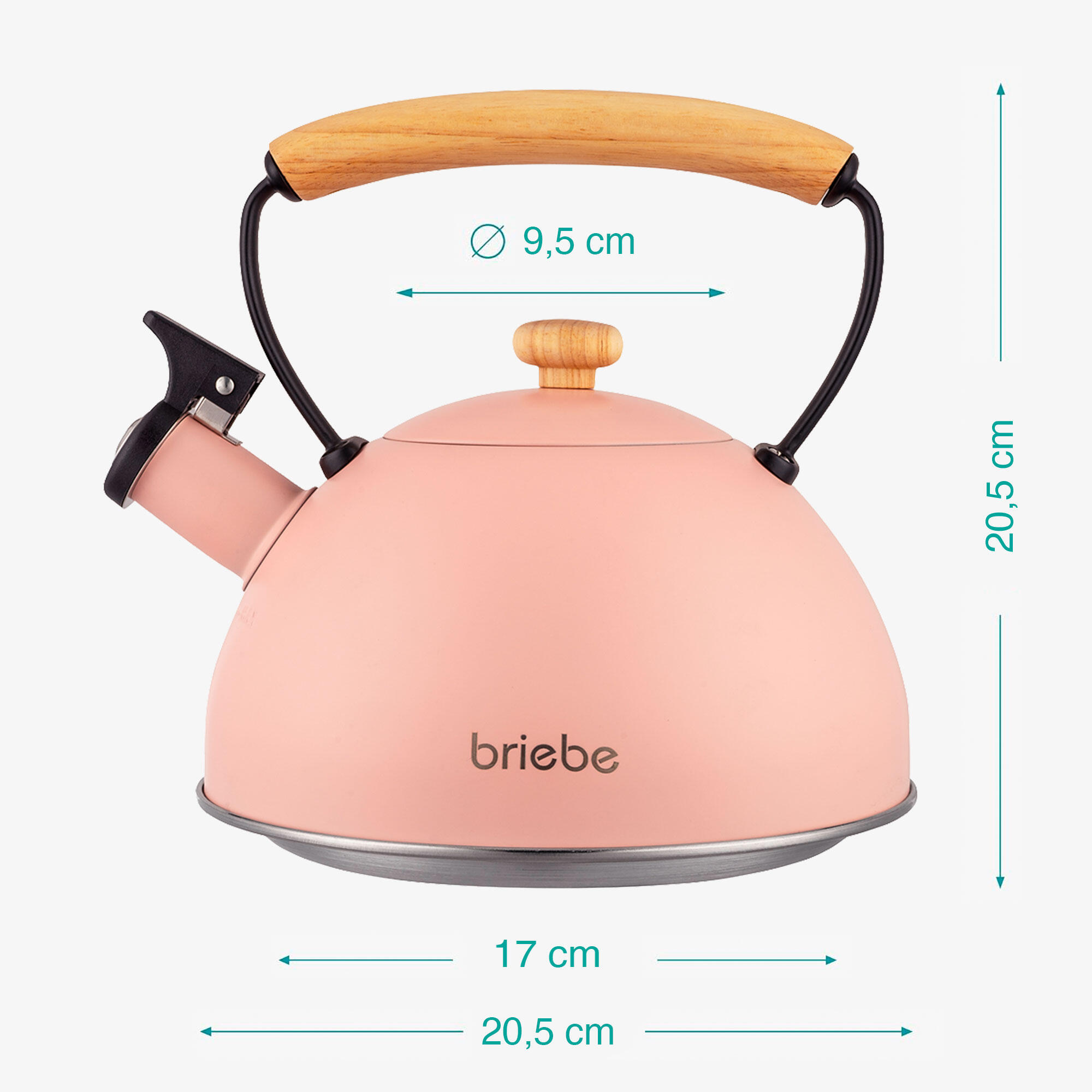 Bouilloire en Acier Inoxydable 2,3 Litres, Théière à Sifflet Poignée Bois briebe 4/8