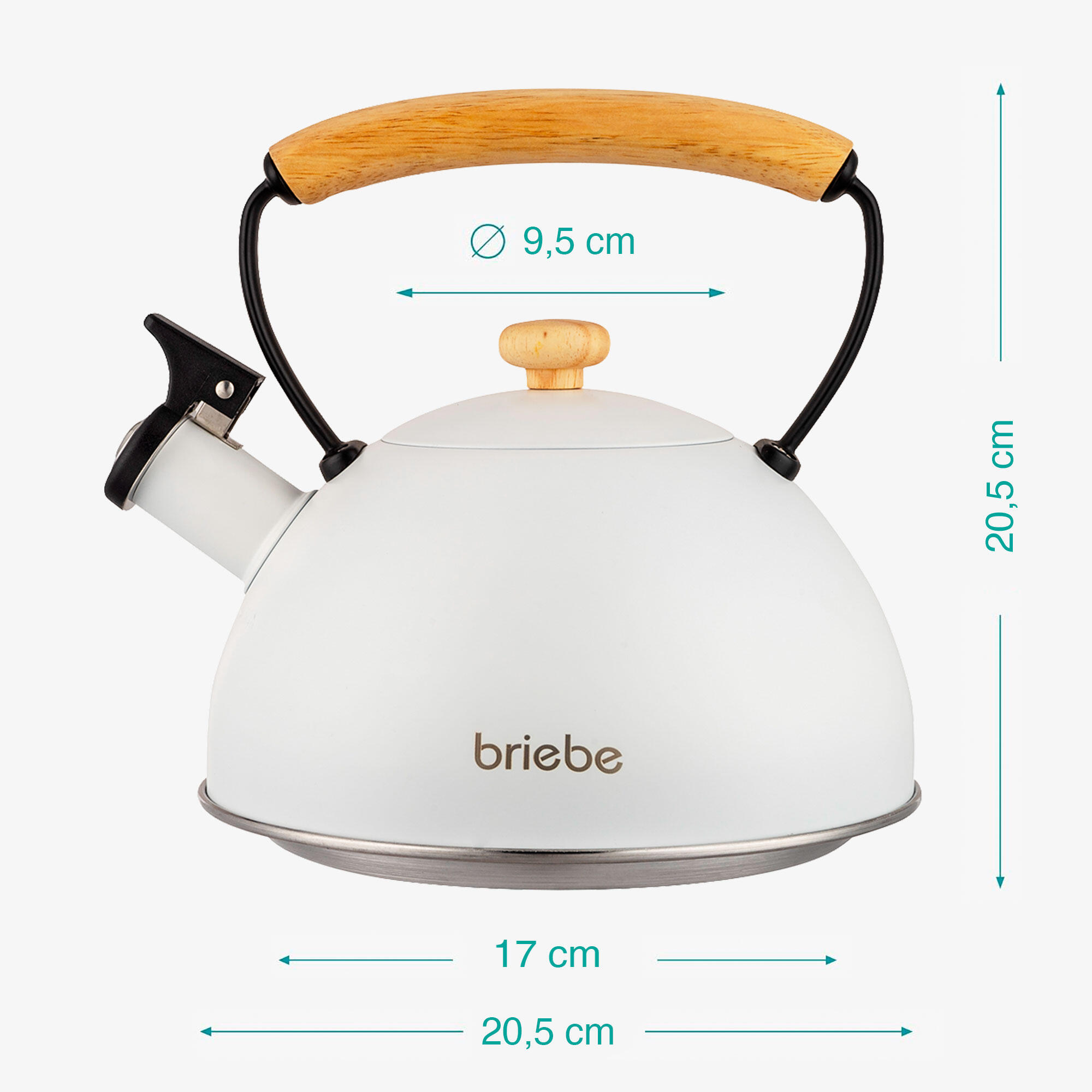 Bouilloire en Acier Inoxydable 2,3 Litres, Théière à Sifflet Poignée Bois briebe 4/8