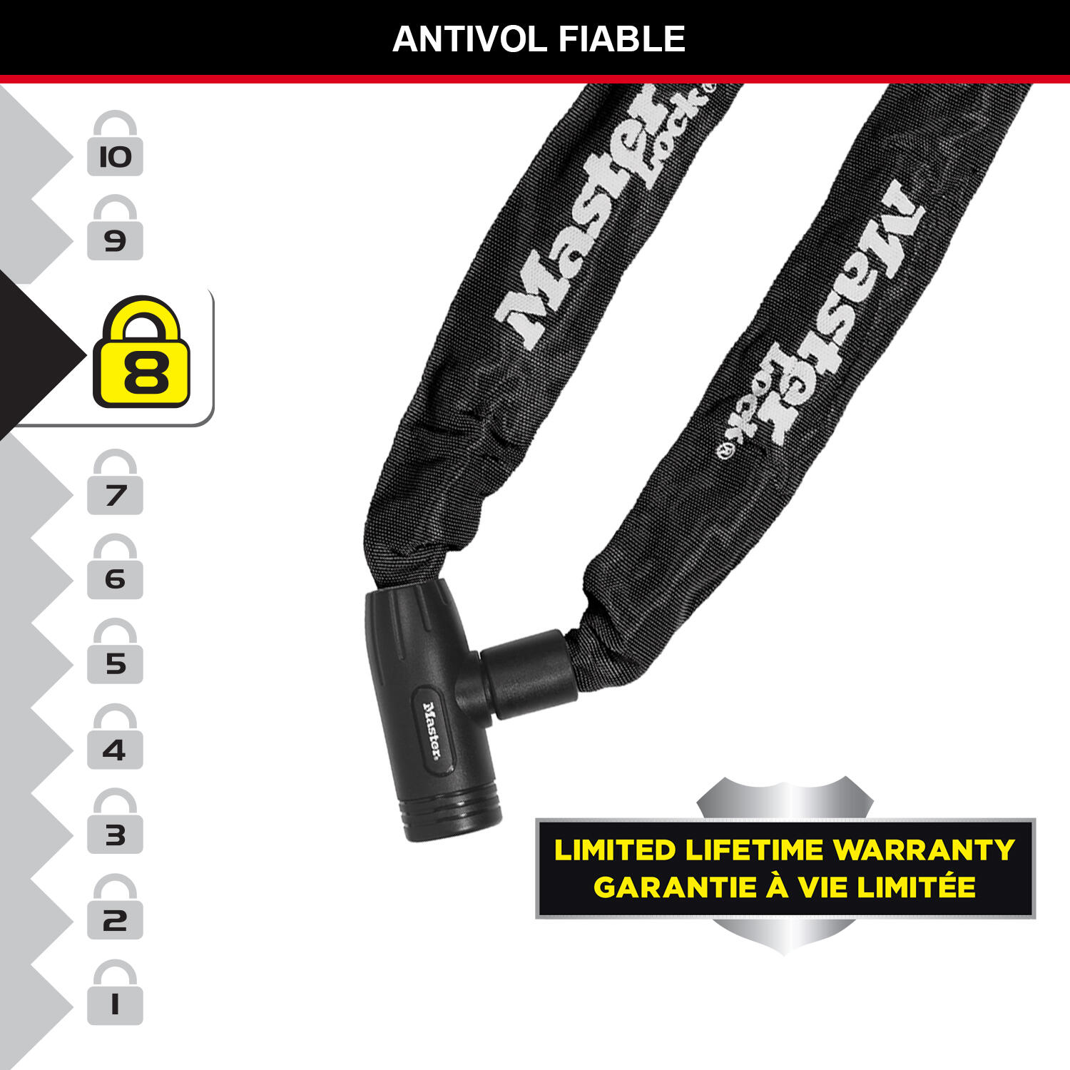 Antivol Chaîne Master Lock 8390EURDPRO – 90 Cm X 6 Mm – Cadenas 40 Mm – Neuf