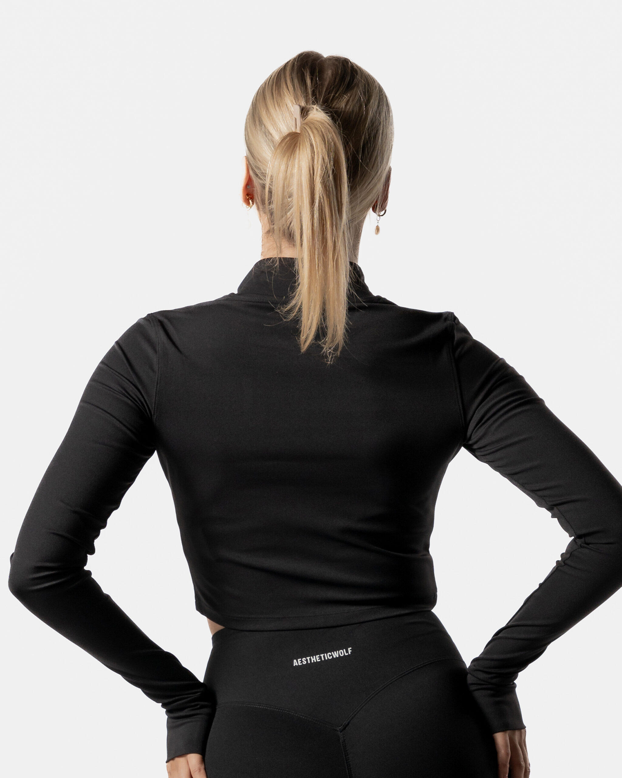 Giacca cropped donna a maniche lunghe per fitness e pilates nera 2/6