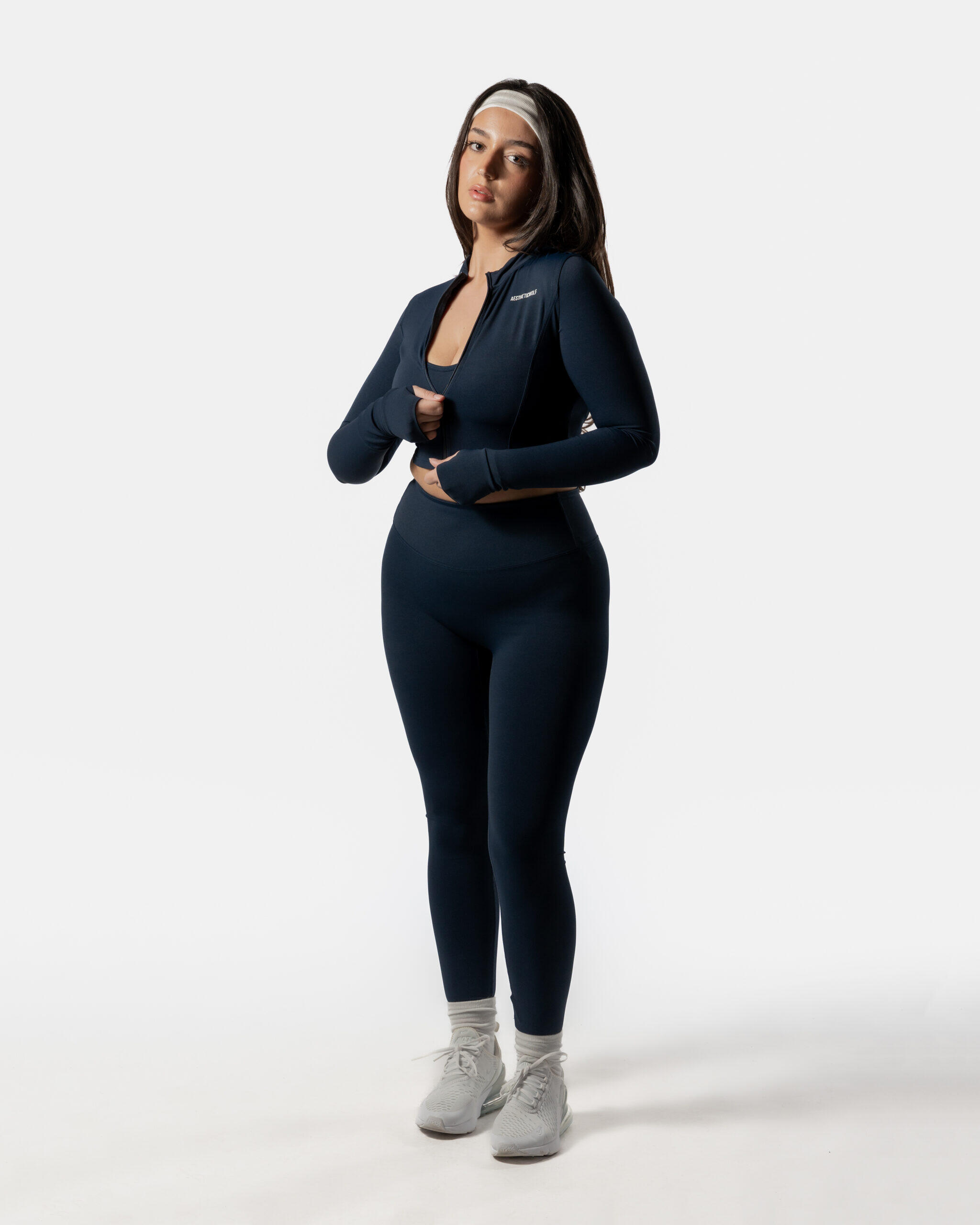 Veste crop femme manches longues pour fitness et pilates bleu marine 5/6
