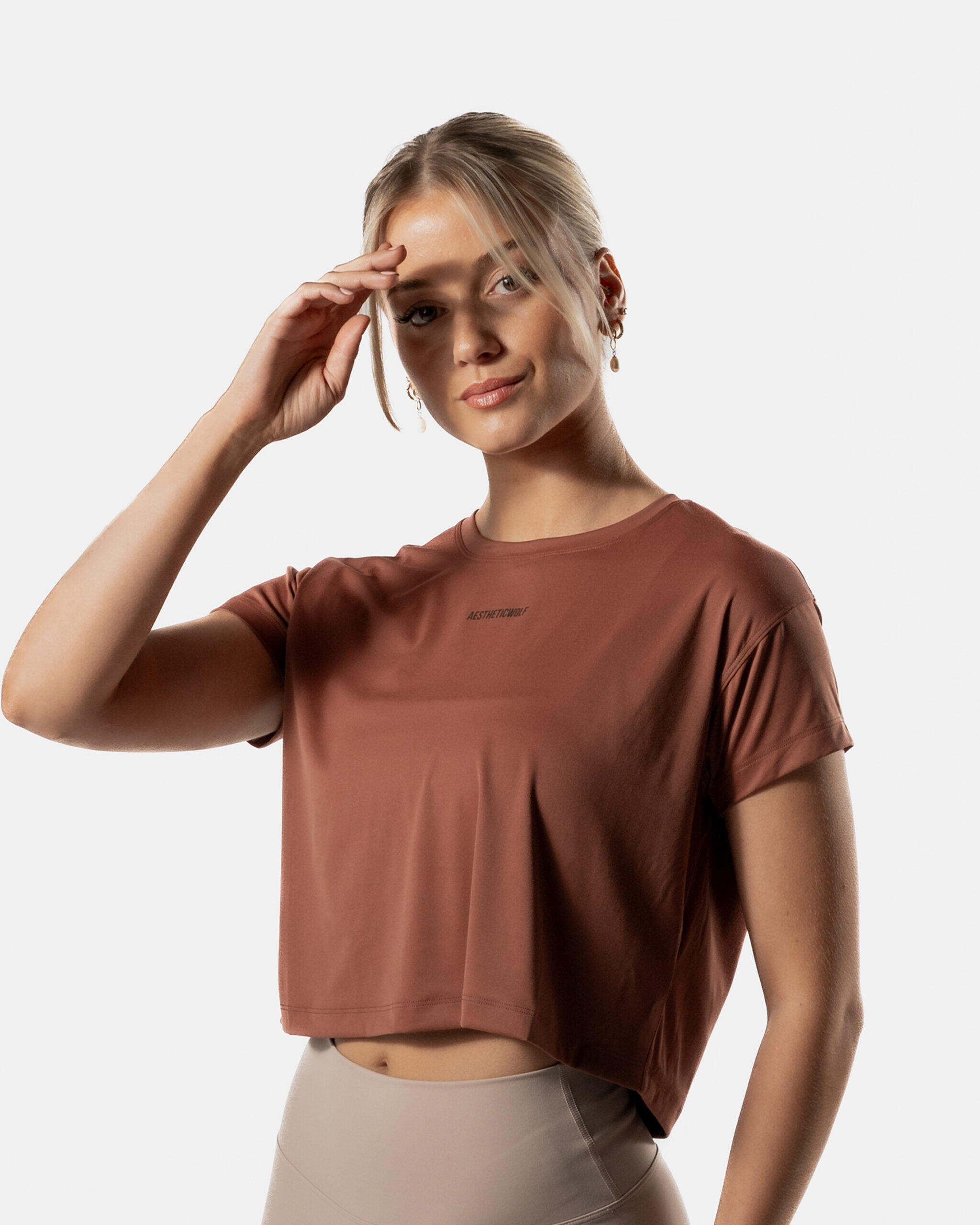 Crop Top T-shirt Fitness Dames Cacao Bruin - Lift Collectie - AW Active 4/6