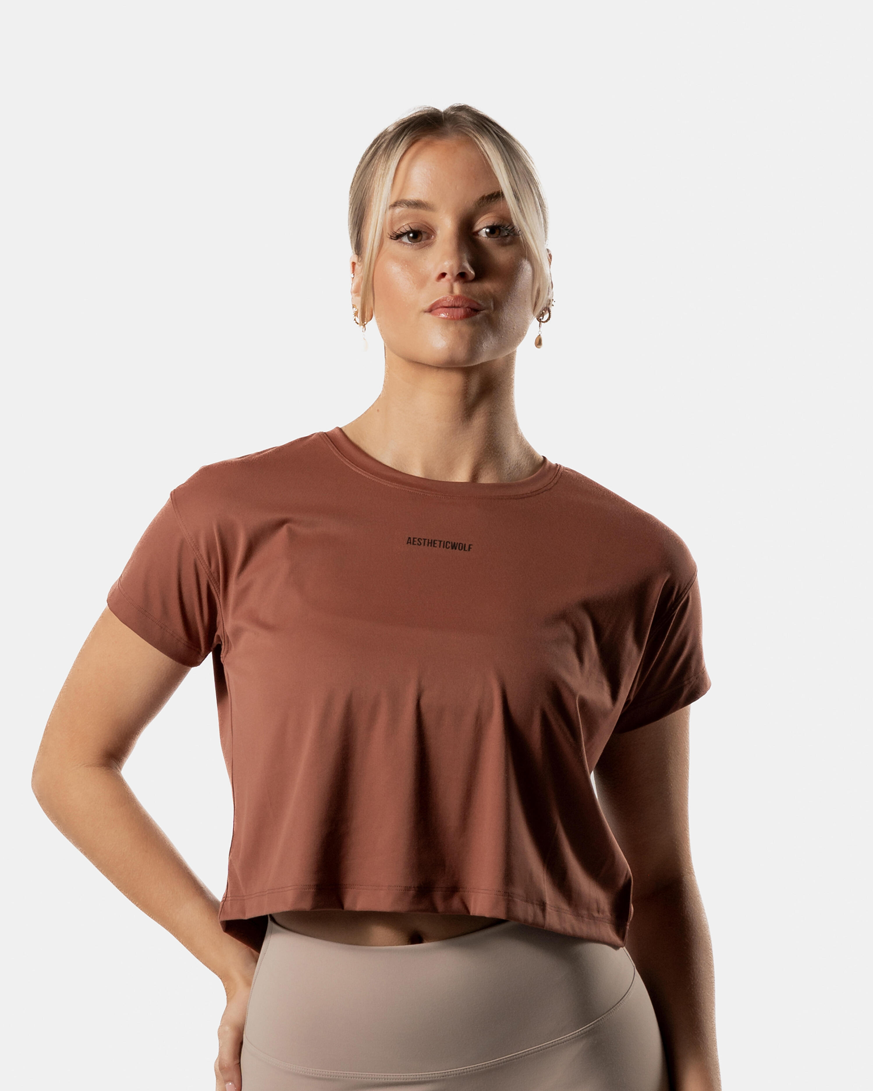 Crop Top T-shirt Fitness Dames Cacao Bruin - Lift Collectie - AW Active 5/6