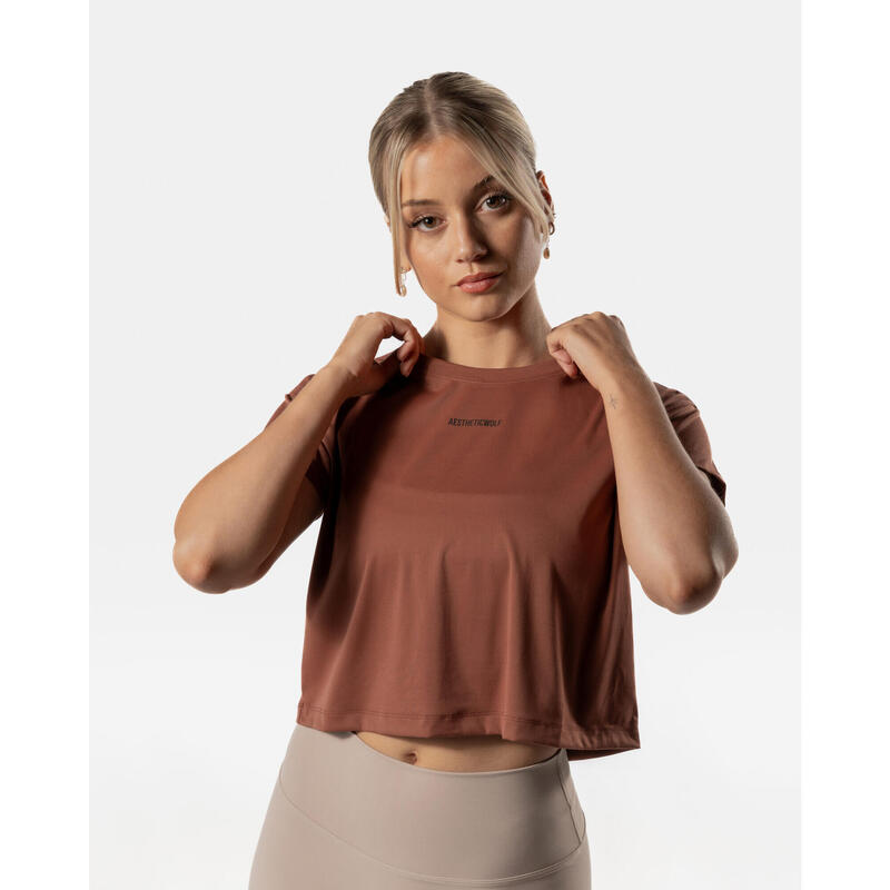 Crop Top T-shirt Fitness Femme Brun Cocoa - Lift Collection - AW Active