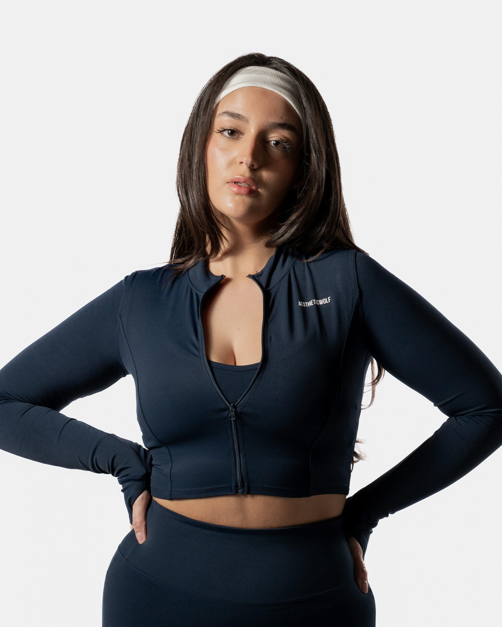 Veste crop femme manches longues pour fitness et pilates bleu marine 3/6