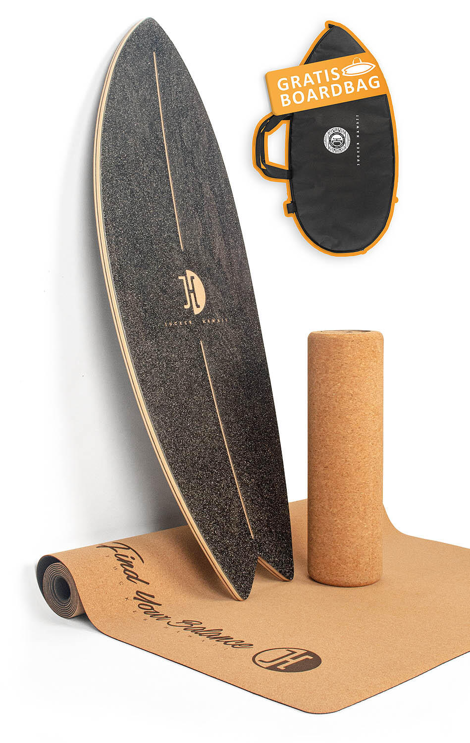 JUCKER HAWAII Balanceboard OCEAN ROCKER Black | inkl. Rolle und Korkmatte