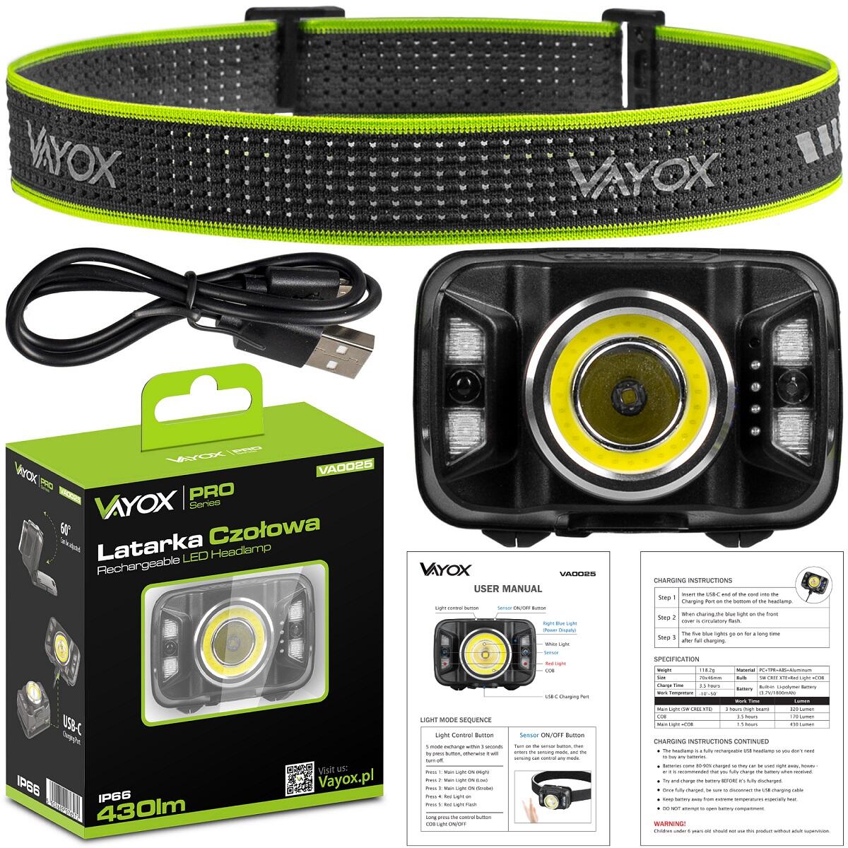 Torcia frontale Vayox VA0025, ricaricabile con sensore di movimento 7/7