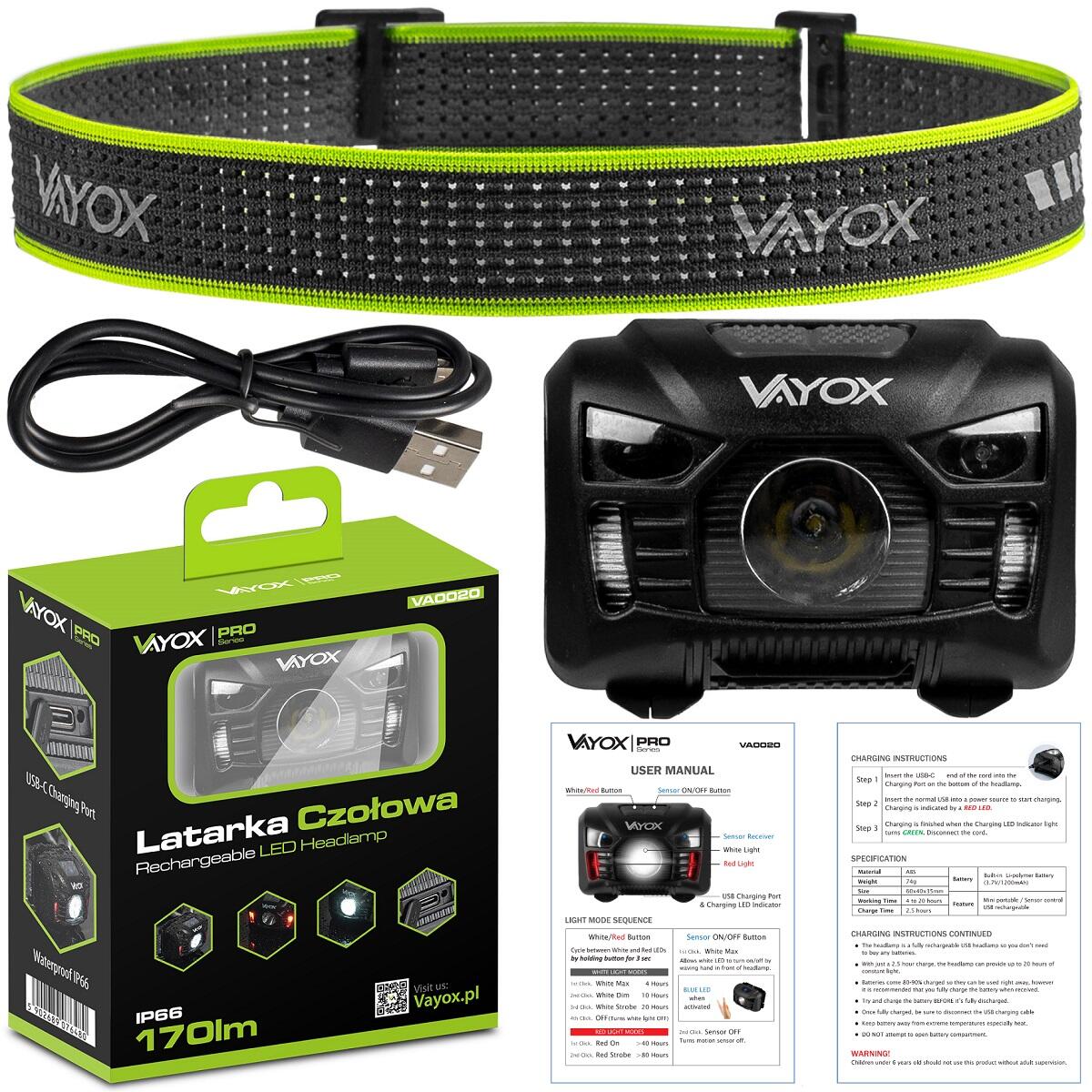 Torcia frontale VAYOX VA0020, ricaricabile, con sensore di movimento 7/7