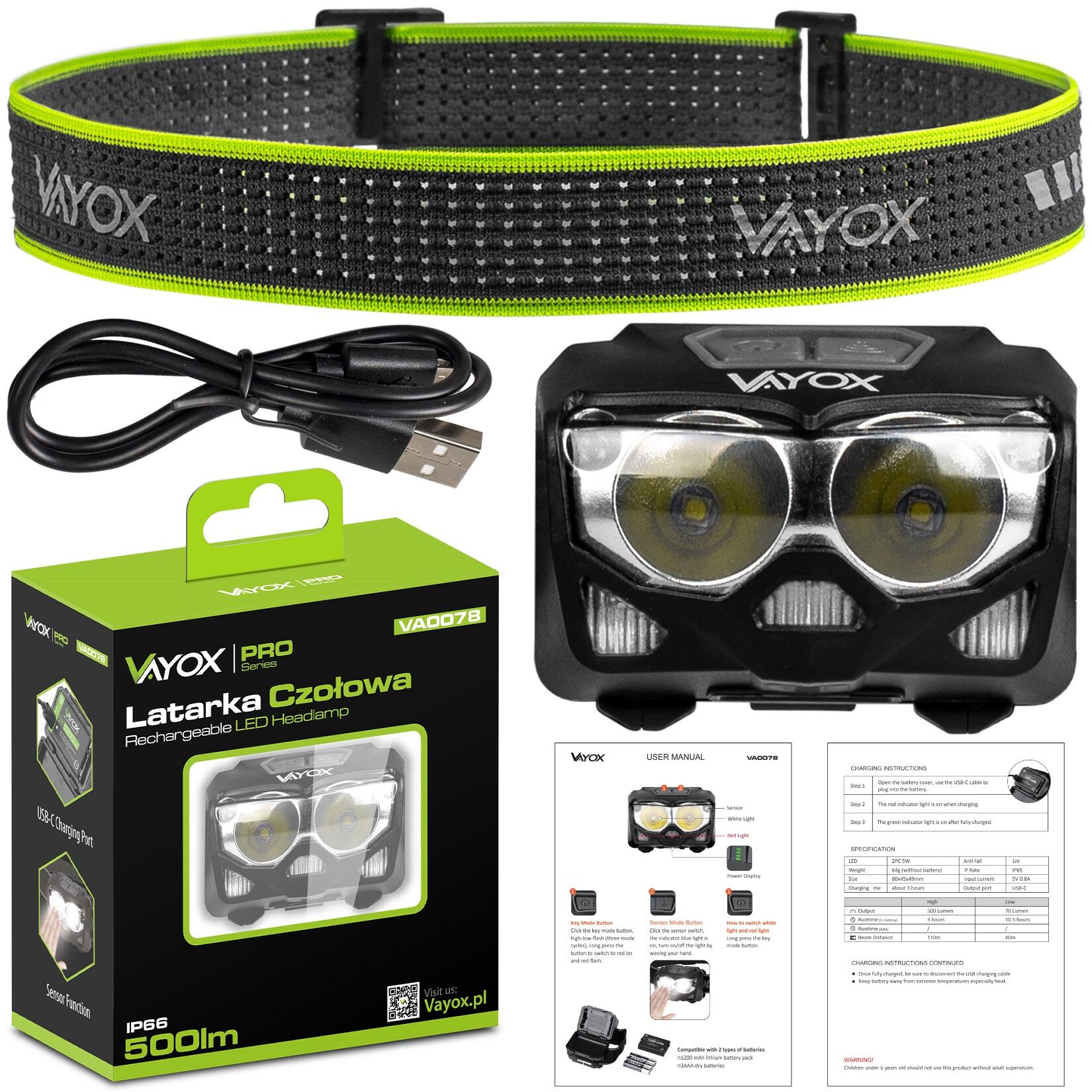 Vayox VA0078 hoofdlamp, 500lm, oplaadbaar, met hybride voeding 7/8