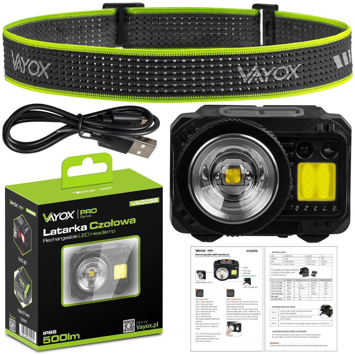 Lanterna frontal Vayox VA0098, 500lm, ZOOM, recarregável com alimentação híbrida 7/7