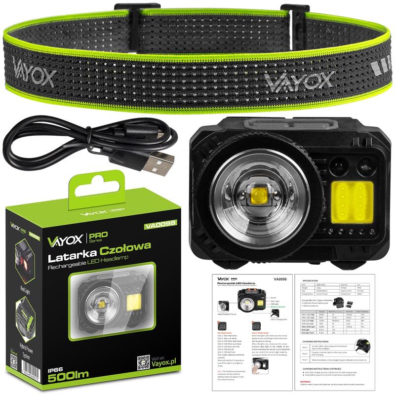 Lampe frontale Vayox VA0098, 500lm, ZOOM, rechargeable avec alimentation hybride