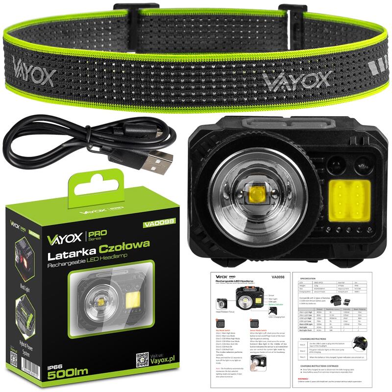 Lanterna frontală Vayox VA0098, 500lm, zoom, alimentare hibridă din acumulator