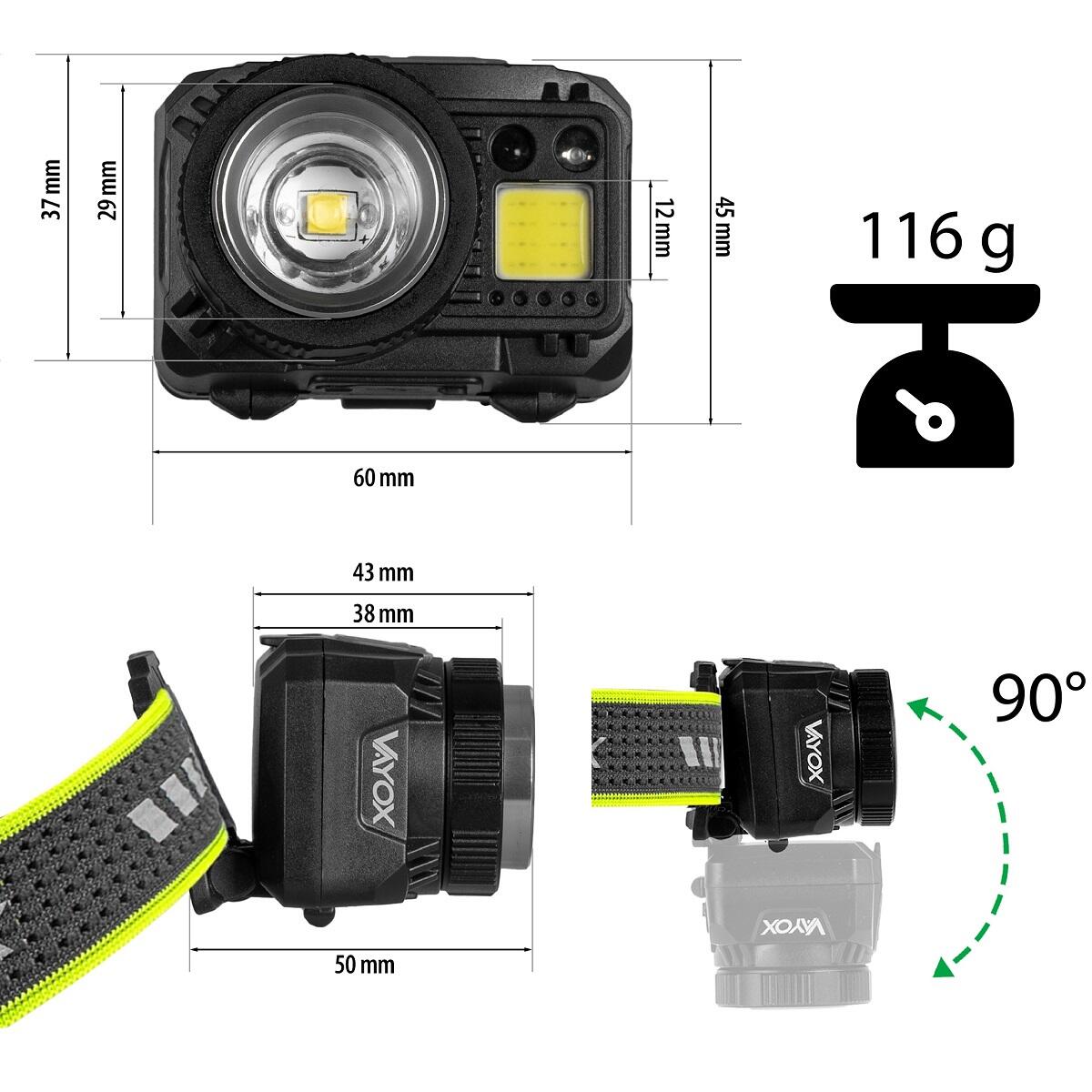 Lanterna frontal Vayox VA0098, 500lm, ZOOM, recarregável com alimentação híbrida 6/7