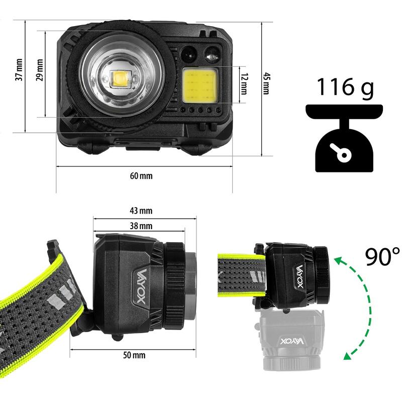 Lanterna frontală Vayox VA0098, 500lm, zoom, alimentare hibridă din acumulator